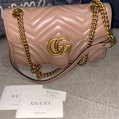 Gucci Gg Small Marmont Shoulder Bag With Flap In Dusty Pink Leather. Brand New With Tags And Dust Bag. Designer Gucci Gold Bags, Gucci Super Mini Marmont, Gucci Sling Bag, Rich Stuff, Gucci Super Mini, Gucci Crossbody Bag, Canvas Leather Bag, Bags Gucci, Gucci Crossbody