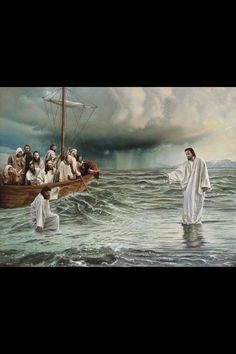 jesus walking on the water with his boat full of people