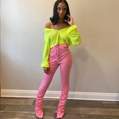 True To Size! 2 Mediums In Neon Green , 1 Medium In Pink Green And Pink Outfit, Pink And Green Outfit, Stacked Pants, Track Pants Outfit, Neon Outfits, Green Outfit, Pink Outfit, Pants Color, Strawberry Shortcake