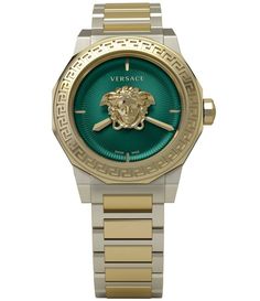 From Versace&#x2C; the Medusa Deco Green Quartz Analog Two Tone Stainless Steel Bracelet Watch features: Gender: WomenGreen guilloché dialCase size approx. 38mmWater resistance: 5 ATM Two-hand quartz movement Two tone stainless steel bracelet Deployant closure Swiss made Imported. Luxury Green Watches With Polished Finish, Luxury Green Watch With Polished Finish, Accessories Watches Women, Versace Women, Womens Watches Luxury, Green Quartz, Swiss Made, Luxury Watch, Steel Bracelet