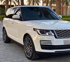 a white range rover parked in front of palm trees