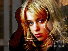 a woman with long blonde hair and blue eyes is looking at the camera metal print