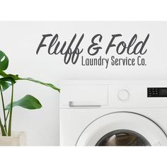 wash and fold laundry service company logo on wall next to washing machine with potted plant