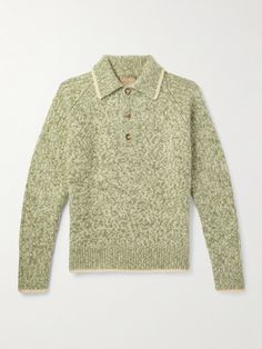 Federico Curradi's sweater is knitted from wool-blend in an earthy sage and ecru mélangé, creating a rich, heathered finish. It features relaxed raglan sleeves, ribbed trims and a polo-inspired buttoned placket. Sweater For Men, Polo Sweater, Green Sweater, Mr Porter, Raglan Sleeve, Wool Blend, Porter, Knitwear, Men Sweater