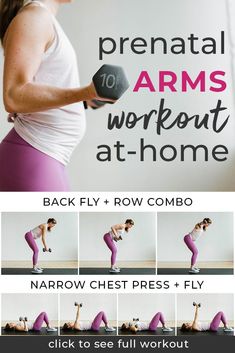 an image of a woman doing exercises with dumbbells in front of her and the words, prenatl arms workout at - home