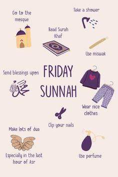 a poster with the words friday sunnah and other things to say in it's center