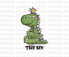 a green dinosaur with christmas lights on it's head and the words tree rex