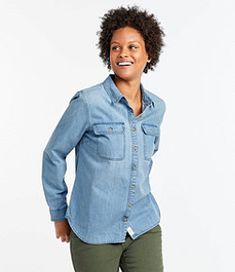 #LLBean: Women's L.L. Bean Heritage Washed Denim Shirt, Long-Sleeve Overshirt Women, Flannel Hoodie, Women's Henley, Flattering Jeans, Built To Last, Create Shirts, Washed Denim, Women's Shirts, Womens Tunics