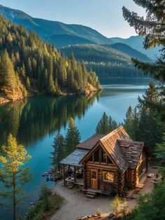 a log cabin sits on the shore of a lake surrounded by mountains and pine trees