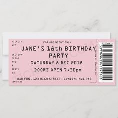 a pink ticket for a birthday party