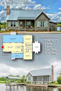 two story house plans with attached garage and living quarters on the other side of the lake