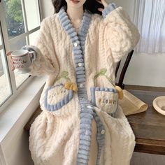 2024 Autumn Winter Women Warm Flannel Robe Ladies Soft Bathrobe Female Long Sleeve Dressing Gown Flannel Robe, Robes For Women, Bath Robes, Bath Robes For Women, Fleece Cardigan, Nightgowns, Winter Women, Night Gown, Women Long Sleeve