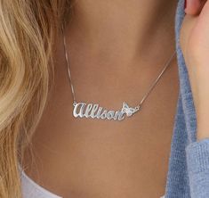 Personalized Butterfly Silver Name Necklace | #etsy #personalized #custom #namenecklace #giftforher #womensjewelry #kidsnecklace #childrenjewelry #cutegifts #giftfordaughter #butterflycharm #butterflynecklace #christmasgifts #giftideas #holidays2020 #sterlingsilver925 #namesnecklace Nameplate Necklace Gold, Silver Name Necklace, Name Necklace Silver, Nameplate Necklace, Gold Name Necklace, Unisex Necklace, Gold Choker Necklace, Custom Pendants, Name Jewelry