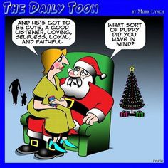 a cartoon depicting santa claus talking to a man who is sitting in a chair next to a christmas tree