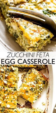 an egg casserole with cheese and spinach is cut in half on a white plate