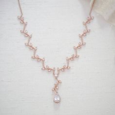 Rose gold dainty leaf Bridal necklace - RYLIE - Treasures by Agnes Elegant Rose Gold Necklace For Mother Of The Bride, Delicate Rose Gold Cubic Zirconia Bridal Necklace, Delicate Rose Gold Cubic Zirconia Necklace, Rose Gold Delicate Bridal Necklace For Formal Occasions, Delicate Rose Gold Bridal Necklace For Formal Occasions, Dainty Rose Gold Bridal Necklace For Anniversary, Elegant Rose Gold Cubic Zirconia Necklace, Rose Gold Necklaces With Adjustable Chain For Wedding, Rose Gold Necklace With Adjustable Chain For Wedding