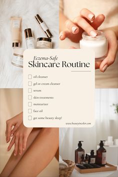 A skincare routine that includes products that are safe for eczema and sensitive skin. Safe Skincare, Cream Cleanser, Skin Serum, Face Oil, Face Moisturizer, Skin Treatments, Skincare Routine, Sleeping Beauty