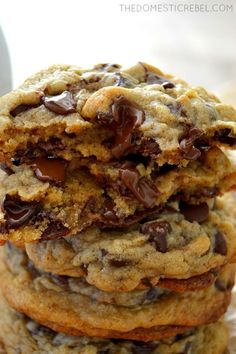 chocolate chip cookies stacked on top of each other