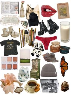 a collage of various items including shoes, hats and other things