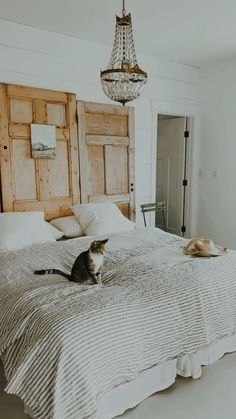 a cat sitting on top of a bed next to a light hanging from a chandelier