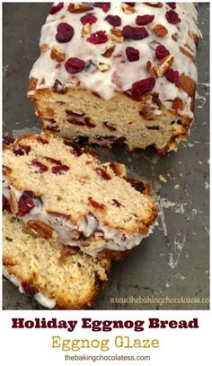 a loaf of eggnog bread with cranberries on top and white frosting