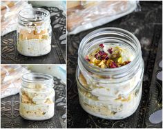 there are four different pictures of food in the same glass jar, and one is filled with ice cream