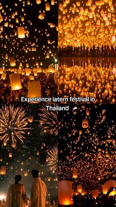 several different pictures of people and lanterns in the sky with caption that reads experience lantern festival in thailand