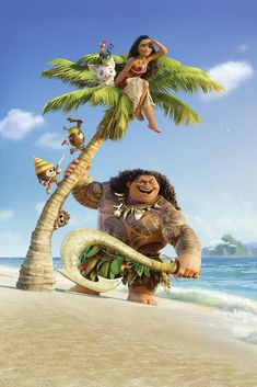 an animated character is standing on the beach with his arms around a palm tree and other characters