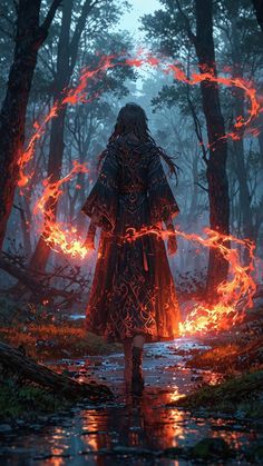 a woman standing in the middle of a forest on fire