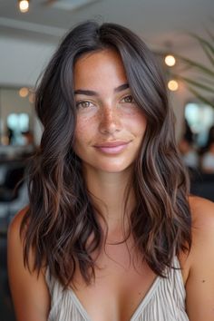 43 Dark Brown Hair With Lowlights Hairstyles That Scream 'Rich Girl Hair' Chocolate Brown Hair Hazel Eyes, Dark Hair Celebrities, Espresso Lowlights, Brown Lowlights Brunettes, Hairstyles Dark Brown Hair, Chocolate Brown Hair With Lowlights, Dark Dimensional Hair, Lowlights Brown Hair