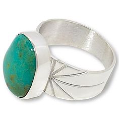 Jay King Sterling Silver Azure Peaks Turquoise Ring  Beautiful blue-green Mongolian turquoise gives this unique, handcrafted sterling silver ring a chic pop of genuine gemstone color. From Jay King.        Approx. 5/8"L x 3/4"W x 5/16"H; shank 1/4"W     Stamped .925     Ring has freeform blue-green turquoise stone bezel-set atop wide band     Tapered shoulders have decorative stamping   Stone Information       All sizes and weights approximate     Stabilized Blue-Green Azure Peaks Turquoise - Fr Turquoise Ring Silver, Color Bands, 925 Ring, Green Turquoise, Mongolia, Wide Bands, Turquoise Jewelry, Turquoise Stone, Gemstone Colors