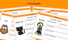 four worksheets with pictures of animals and their names in orange, black and white