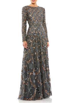 Mac Duggal Beaded Long Sleeve A-Line Gown | Nordstrom Vestidos Color Coral, Estilo Kate Middleton, Mac Duggal Dresses, Sequin Embroidery, Sequin Prom Dresses, Sequin Gown, Green Prom Dress, Satin Prom Dress, Pink Prom Dresses