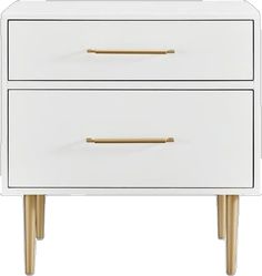 a white and gold nightstand with two drawers on one side, the other is open