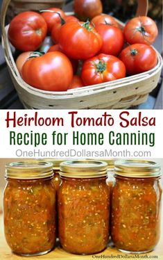 heir tomato salsa recipe for home canning with tomatoes in the background and text overlay that reads heir tomato salsa recipe for home canning