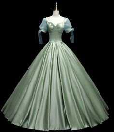 Light Green Ball Gown Princesses, Ball Gown Green, Green Sweet 16, Green Satin Prom Dress, Gown Green, Princess Life, Evening Gowns With Sleeves, Long Prom Gowns, فستان سهرة