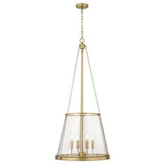 a brass chandelier with three lights hanging from the bottom and one light on top