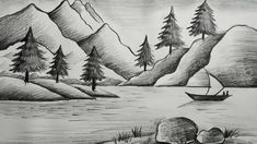 a pencil drawing of a mountain lake with a boat in the water and pine trees