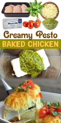 an image of baked chicken with pesto sauce on top and other ingredients in the background