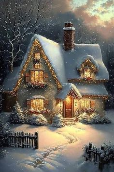 a painting of a snow covered house with lights on the roof and trees in the background