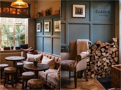 there are two pictures of the inside of a restaurant with wood stacked on the walls