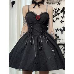 Gothic Fairy Lace Up Front Dress. Sweetheart Neckline And Back Zipper. Petticoat Not Included. Black Polyester Fabric. Special Order Delivery 7-21 Business Days Goth Vintage, Alt Clothes, Partywear Dresses, Rose Print Dress, Emo Dresses, 파티 드레스, Goth Dress, Rose Lace, Elegant Dresses For Women