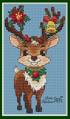 a cross stitch pattern of a deer with holly wreaths and bells on its antlers