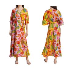 Brand New, With Tags, Very Chic, Really In Farm Rio "Mixed Beaks & Bananas Maxi Wrap Dress It Has A Gorgeous Color And Style!!! It Retails For $225.00 Color: Multi-Color Size: S Style: 303124 Product Details: Designed In A Colorblocked Tropical Print, Farm Rio's Mixed Beaks & Bananas Maxi Dress Flaunts A Surplice Neck Complemented By Voluminous Sleeves. This Relaxed-Fit Piece Is Fastened By A Sash-Tie. V-Neck Three-Quarter Sleeves Sash-Tie 100% Viscose Lining: 100% Viscose Hand Wash Imported Siz Yellow Tropical Print Beachwear Dress, Vibrant Short Sleeve Midi Dress For Beach, Yellow Floral Print Midi Dress For Beach Season, Yellow Floral Midi Dress For Beach Season, Yellow Vibrant Print Dress For Brunch, Yellow Dresses With Vibrant Print For Brunch, Yellow Tropical Print Beach Dress, Multicolor Beachwear Midi Dress For Brunch, Yellow Tropical Print Dress For Beach