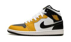 The Air Jordan 1 Mid "Yellow Ochre" is a colorway of the casual shoe with yellow accents.  The attention-seeking “Yellow Ochre” Jordan 1 Mid features a combination of black, white, and yellow leather panels.  More specifically, the shoe has a black leather perforated toe with a black leather collar and heel.  Yellow Ochre leather is seen on the toe cap, forefoot, and eyelet panels.  A black leather Swoosh appears on either side of the white leather mid-panel and a yellow “Wings” logo is found on the collar.  Yellow Ochre-colored Jumpman and “Air” logos are seen on the tongue.  Underfoot, a white rubber midsole and black rubber outsole complete the look. Attention Seeking, Yellow Ochre, Wings Logo, Yellow Accents, Stadium Goods, Casual Shoe, Air Jordan 1 Mid, Yellow Leather, Jordan 1 Mid