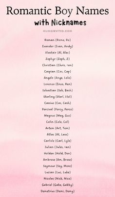 the cover of romantic boy names with nickanes written in black on pink paper