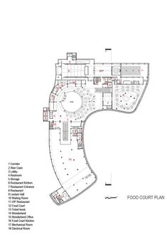 the floor plan for a restaurant with seating areas and an open kitchen area, as well as