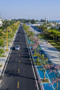 an empty street in the middle of a city with tall buildings and trees on both sides