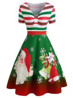 Christmas Santa Print Short Sleeve Dress - Multi-B - 4B64951722 - Dresses, Original Design-Women's Clothing  #Dresses #Dresses # #Original #DesignWomen's #Clothing Bowknot Dress, Christmas Dresses, Midi Sundress, Vintage Dress Patterns, Plus Size Vintage, Vestidos Vintage, Christmas Fashion, Christmas Designs, Knee Length Dresses