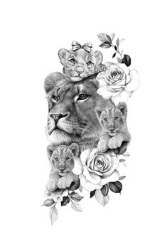 the lion family is surrounded by roses and leaves, as well as two smaller cubs